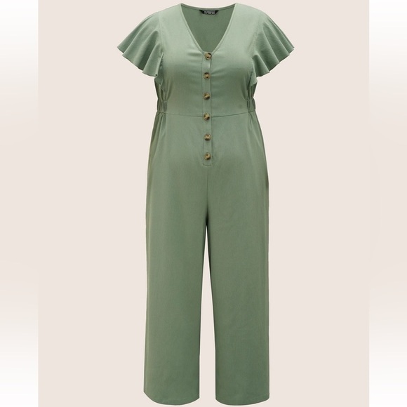 BloomChic Plus Size XL Solid Button Up Ruffle Cap Sleeve Jumpsuit us14-16 - Picture 5 of 7